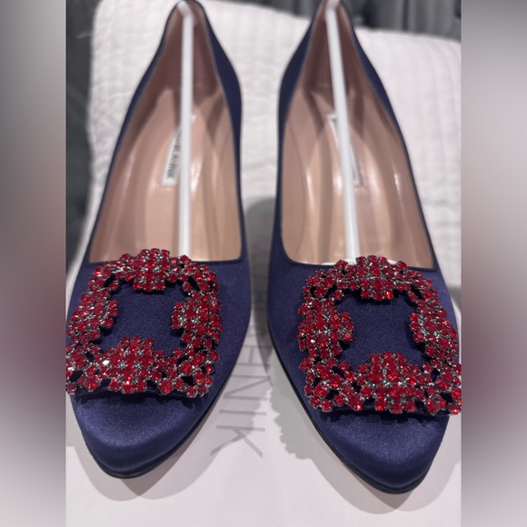 Manolo Blahnik Blue Heels with Red Embellishment. Hangisi 70mm pump - Picture 7 of 16